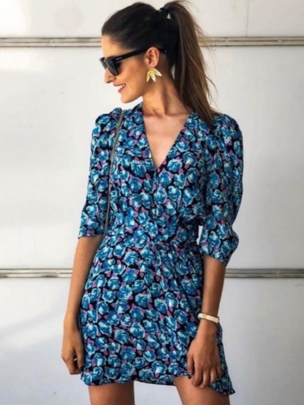Zara Dress Size XS Blue Puff Sleeve Wrap Front Crossover V Neck Mini Fairy Retro